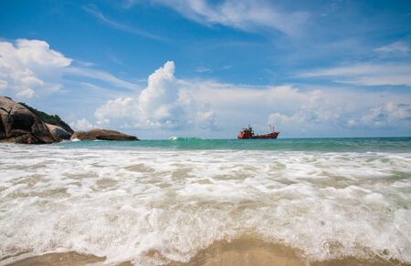 ship at sea on the wavesの写真素材