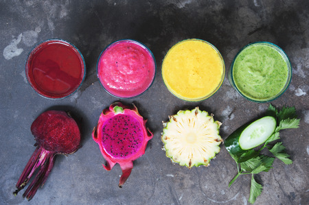 Four Organic detox smoothies. Top viewの写真素材