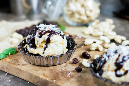 Raw dessert with ice cream. Selective focus. Blurred backgroundの写真素材