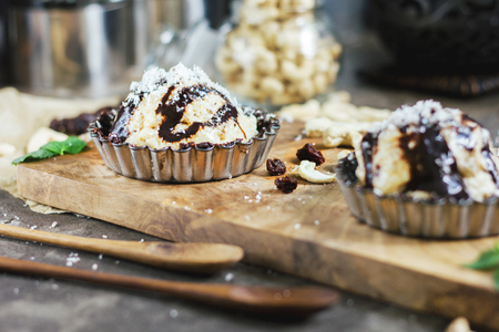 Raw dessert with ice cream. Selective focus. Blurred backgroundの写真素材