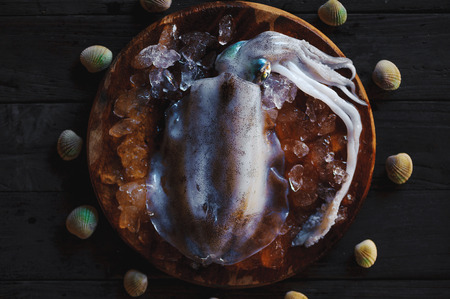 Fresh raw squid on wooden plateの写真素材