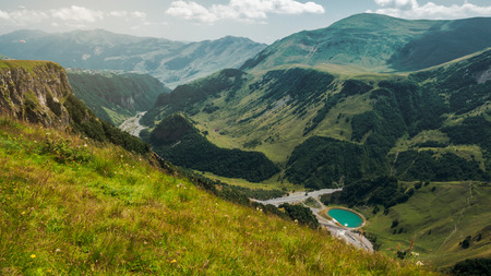 Georgian mountines with blue lake panoramic wiewの写真素材