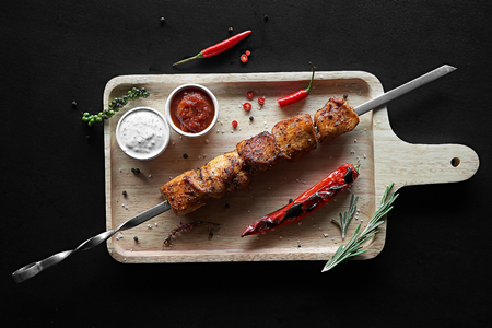 Appetizer chicken kebab with vegetables, top viewの写真素材