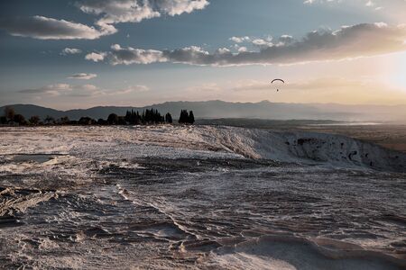 Carbonate travertines the natural pools during sunset, Pamukkaleの写真素材
