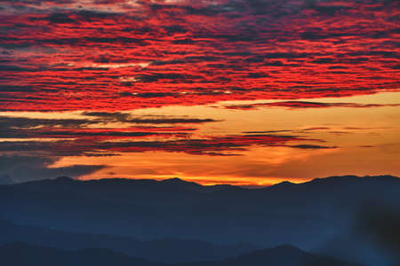 fog and cloud mountain valley sunset landscape, Chiang Mai Thailandの写真素材
