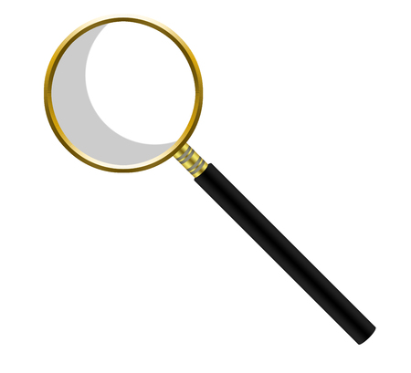 Golden magnifier on white background with black pen and transparent glassの写真素材