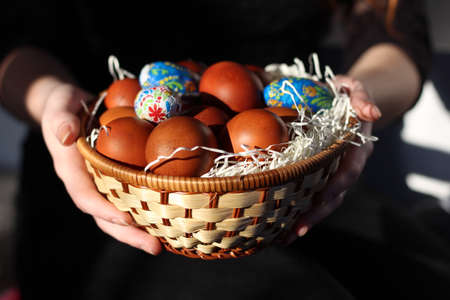 easter eggs in basketの写真素材