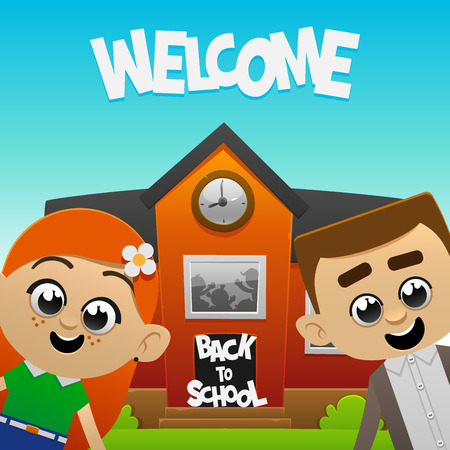 fun happy kids on the background of school. Back to schoolのイラスト素材