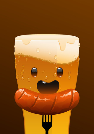 glass of cold character beer and a sausage on a brown backgroundのイラスト素材