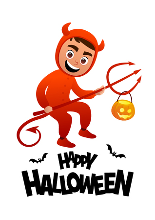 Happy Halloween cartoon character costume devil kid vectorのイラスト素材
