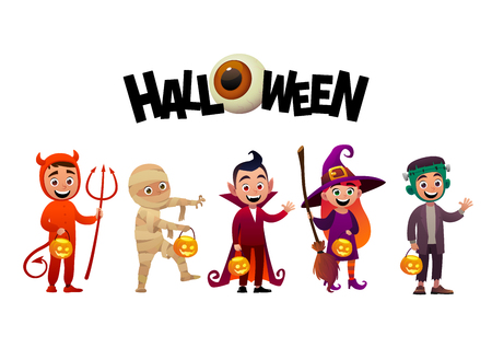 Group of kids in halloween costumes vampire mummy witch frankenstein halloween vectorのイラスト素材