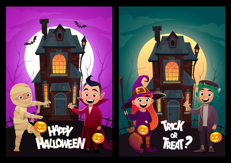 Children in monster costumes witch and frankenstein at background home Tricks Or Treat Happy Halloween banner vectorのイラスト素材
