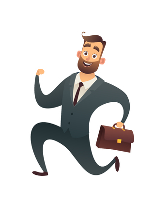 Happy businessman in suit with suitcase and runs forward isolated on white backgroundのイラスト素材