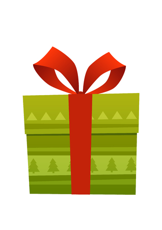 Wrapped green gift box with big red satin bow isolated on white backgroundのイラスト素材