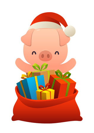 Cute pig behind toy bag with gifts isolated on white backgroundのイラスト素材
