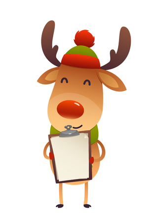 Christmas Cute reindeer standing behind blank signboard advertisement banner with copy space vectorのイラスト素材