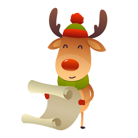 Christmas Cute reindeer standing behind blank signboard advertisement banner with copy space vectorのイラスト素材