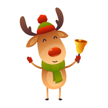 Cute cartoon christmas reindeer holds bell isolated on white background happy new year greeting cardのイラスト素材