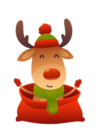 Happy new year cartoon card christmas reindeer in Santa Claus bag isolatedのイラスト素材