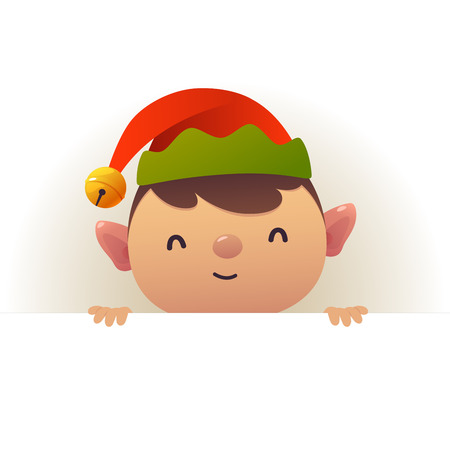 Christmas Cute elf standing behind blank signboard advertisement banner with copy space vectorのイラスト素材