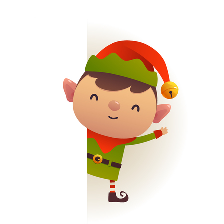 Christmas Cute elf standing behind blank signboard advertisement banner with copy space vectorのイラスト素材