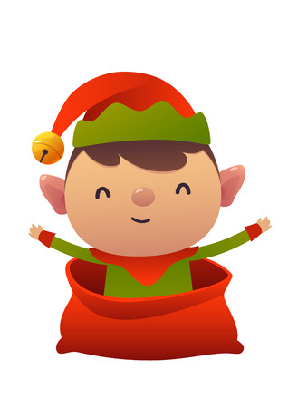 Happy new year cartoon card christmas elf in Santa Claus bag isolatedのイラスト素材