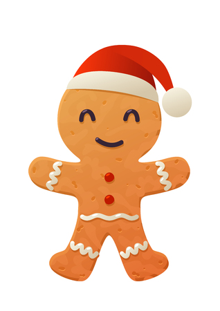 Vector cartoon gingerbread cookie in santa claus hat on white background isolatedのイラスト素材