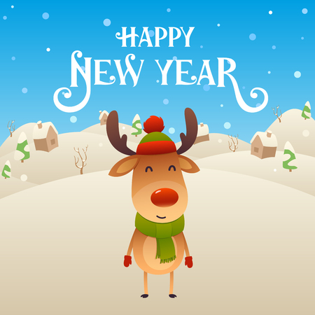 Cute cartoon reindeer character Merry Christmas and Happy New Year background vectorのイラスト素材