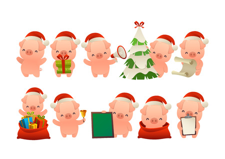 Collection of happy cute Christmas pig isolated vector on white backgroundのイラスト素材