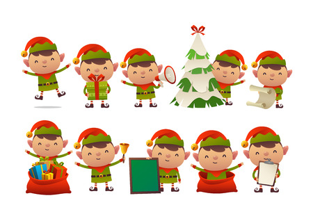 Collection of happy cute Christmas elf isolated vector on white backgroundのイラスト素材