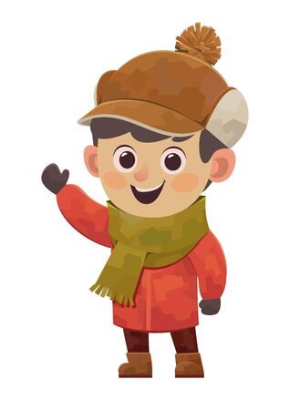 Cartoon cute boy in red winter jacket vector on white backgroundのイラスト素材