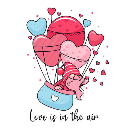 Adorable cartoon valentine gnome in a hot air balloon. Vector illustration. Isolated on white background.のイラスト素材