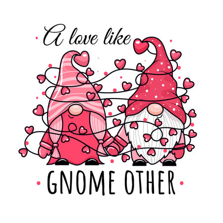 Adorable cartoon valentine couple of gnomes holding hands. Garland of heartsのイラスト素材
