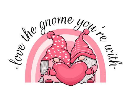 Adorable cartoon valentine couple of gnomes holding heart with rainbow background. Vector illustration. Isolated on white backgroundのイラスト素材
