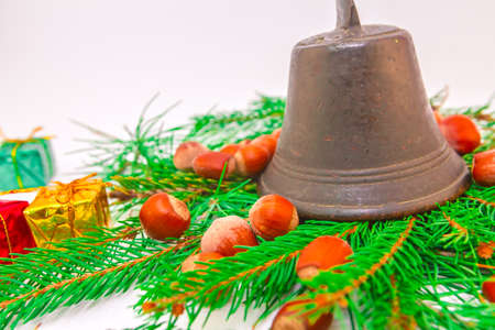Winter or Christmas – themed background with old bell   Holidays