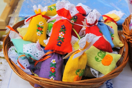 Composition of dried lavender in small bags for sale on market placeの写真素材