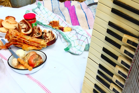 Traditional gaily breakfast in the open at the time of harvestの写真素材