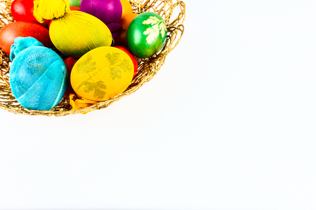 Easter eggs colored in traditional way labeled with natural leave stickerの写真素材