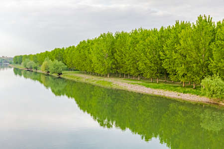 View to river with reflections and gray cloudy skyの写真素材