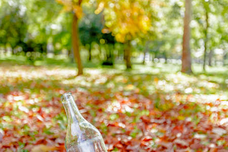 Empty transparent bottle on the autumn background, beautiful landscapeの写真素材