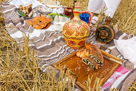 Traditional meal, breakfast in open at the time of harvest.の写真素材