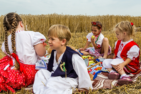 Muzlja, Vojvodina, Serbia, - July 06, 2013; XXX Children have picnic at traditionally mowing wheat.のeditorial素材