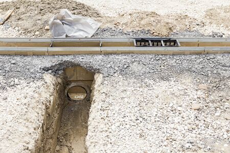 View on rainwater drainage canal on the building site.の写真素材