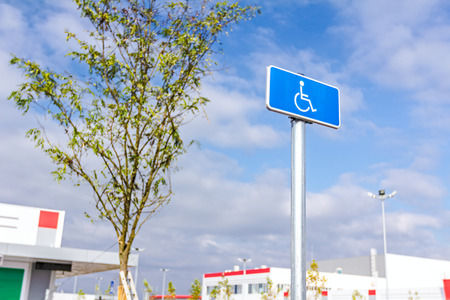 Blue rectangle traffic sign for the disabled people, handicapped sign with wheelchairの写真素材