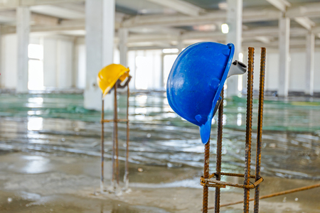 Safety equipment placed on the tied reinforcing basic metal profile in square shape.の写真素材