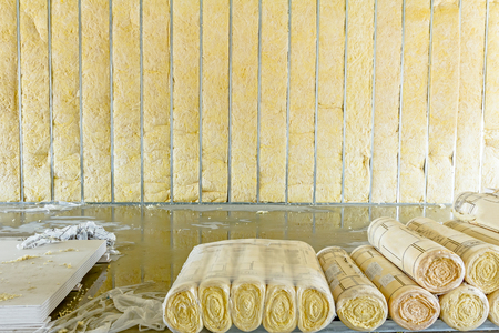 Package of thermal insulation material, rock wool is wrapped in foil.の写真素材