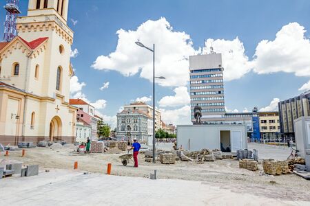 Administration container, office on building site in the city settlement