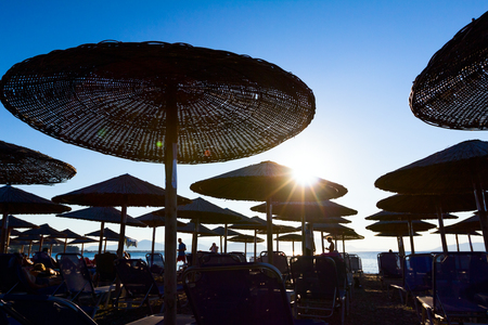 Silhouetted shot of the beach with sunshades made of straw, umbrellas and deckchairs for a perfect holiday.の写真素材