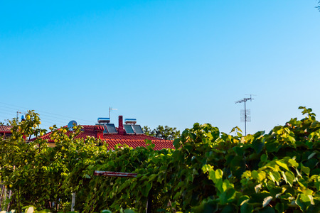 Water panels for using renewable sun energy are placed on house roof, solar hot water system. Modern energy saving technologyの写真素材