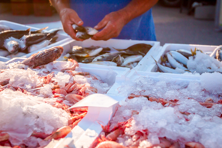 Pile of fresh red shrimps for sale on the seafood market, seafood on ice.の写真素材